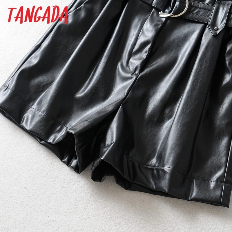 Tangada Модные женские черные кожаные шорты с поясом, шорты с высокой талией, офисные женские зимние шорты 6A03