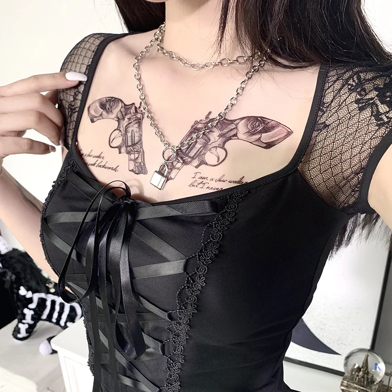 InsGoth Vintage Tops Goth T-shirt Women Bodycon Bandage Lace Black T-shirts Gothic Streetwear Sexy Female Top Casual Mesh Tee