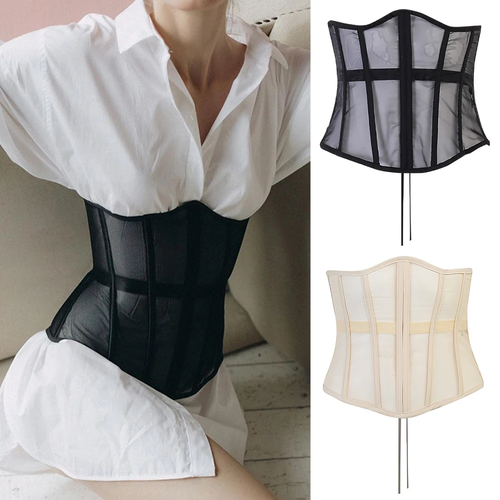 

Women Corset Party Sexy Mesh Solid Cincher Girdles Waist Trainer Body Belt See Through Fashion Vintage Slim Goth With Straps