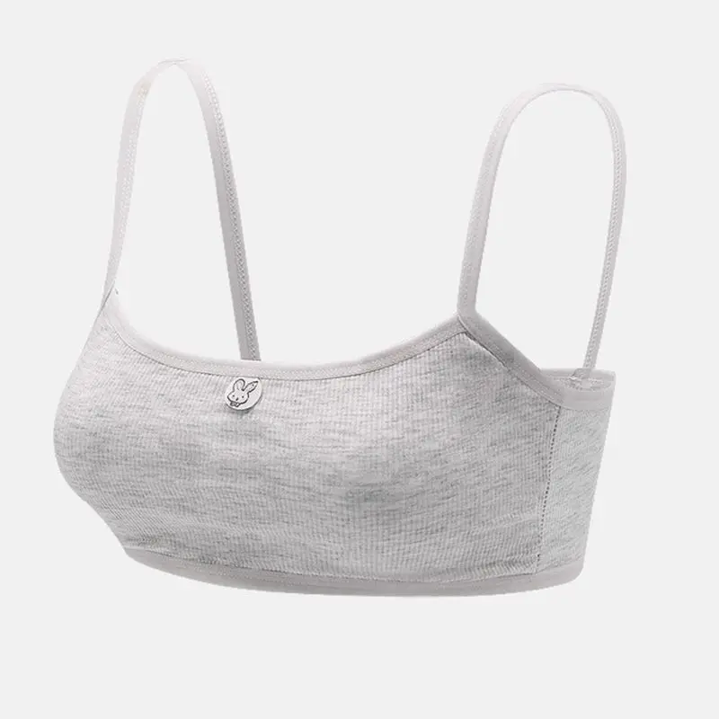 

Puberty Girl Spaghetti Straps Sport Training Bra Underwear Thread Ribbed Cute Rabbit Applique Bralette Removable Padded Vest