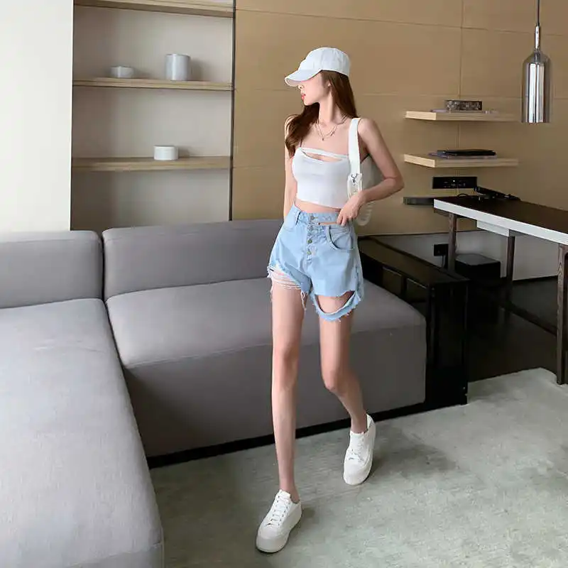 

2021 Women's Summer Denim Shorts Sexy Light Blue Distressed Hight Waisted Black Ripped Jeans For Female Korean Style Short Pants