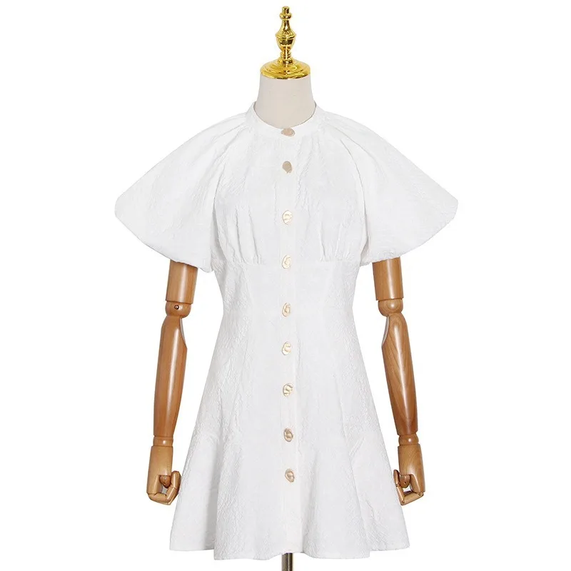 

2021 Spring Summer Stand Collar Puff Sleeve Women Dresses A-line Ruffles Casual White Short Vestidos Loose Sweet New Femme Robe