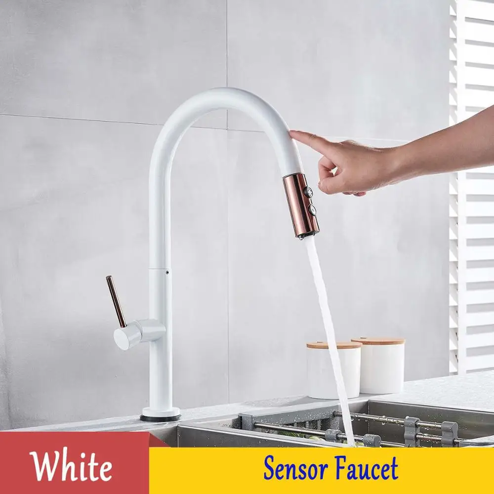 white sensor Белый/черный датчик кухонной раковины кран Pull out Sense сенсорный кран на бортике смеситель холодной горячей воды на батарейках - Цвет: white sensor
