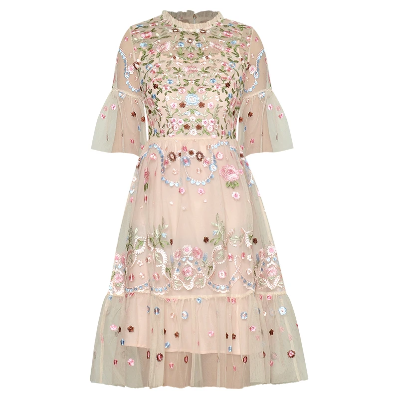 

neck trumpet short sleeve mesh heavy work positioning Embroidery Flower waisted pompous princess dress new summer 2020