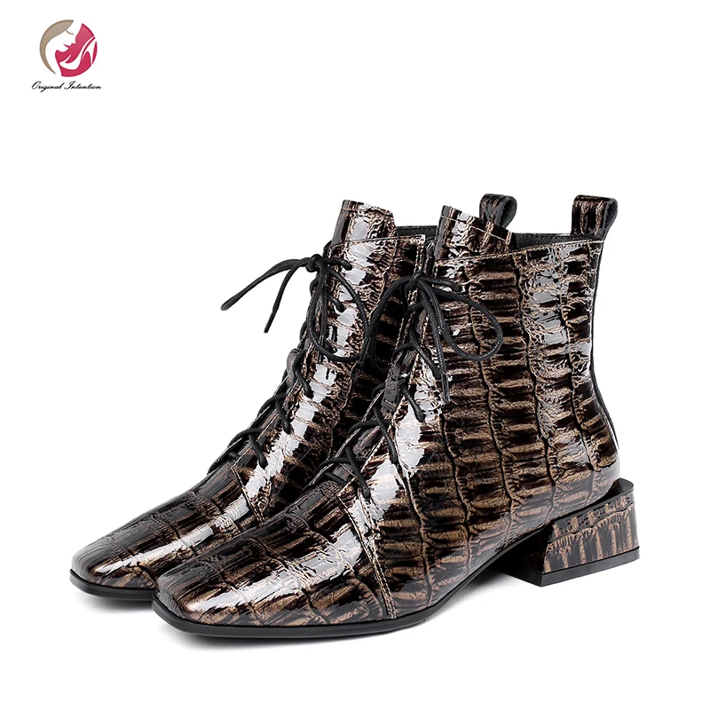 

Original Intention Stone Style Genuine Leather Ankle Boots Woman High Quality Black Brown Shoes Woman Square Heels Plus Size