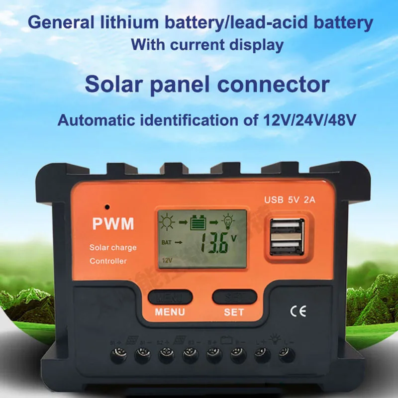 Fotovoltaico do Carregador Automático da Saída do Usb Duplo do Controle Controlador Solar 10a 20a 30a 40a 50a 60a Claro 12v 24v 48v