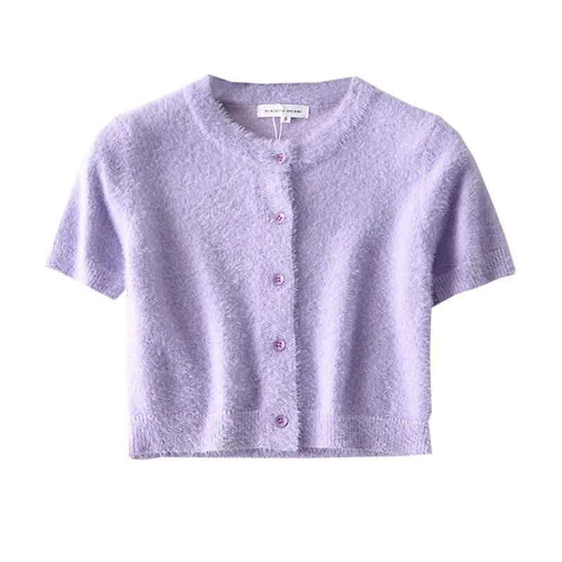 Knit cardigan women Summer fuzzy cardigans korean style purple cardigan crop top vintage cardigans cute cardigan short sleeve