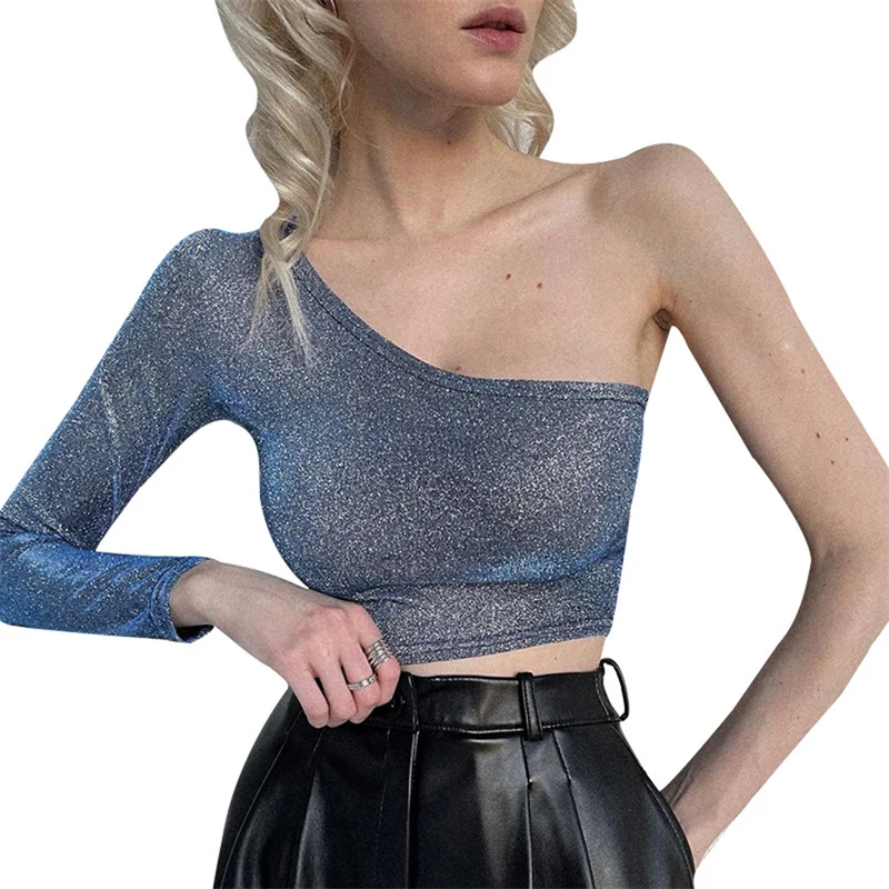 

Women's One Shoulder Casual Crop Tops Ladies Shiny Long Sleeve Slim Fitted Solid Color Blouse For Partywear