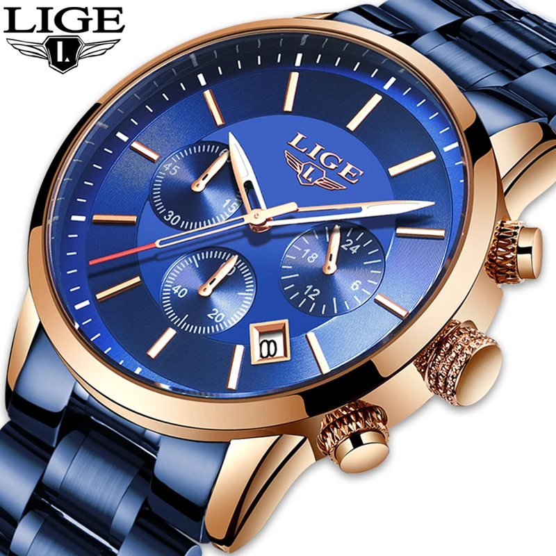 Часы наручные LIGE Мужские кварцевые брендовые Роскошные модные полностью