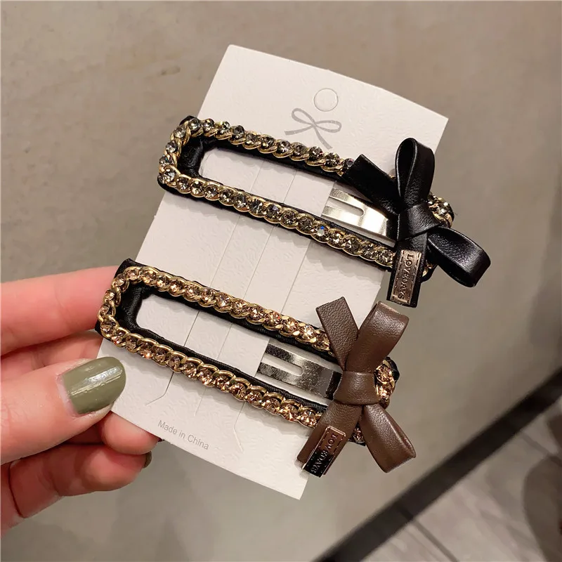 

Korean Style Girl Hair Pins Back Head Simple Cute Chain Rhinestone Bow BB Clip Headdress for Women Fashion Hair Accessories