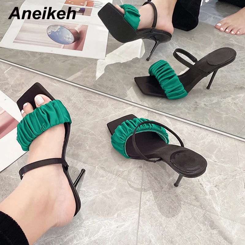

Aneikeh 2022 New Green Silk Pleated Decoration Fashion Square Open Toe Classics Thin High Heel Office Lady Sandals Dress Shoes