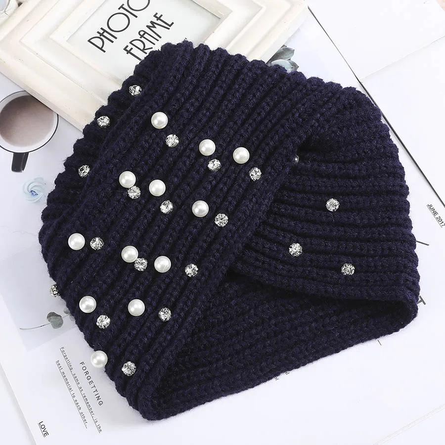 pearl rhinestone 2 Haimeikang, Женский Хрустальный тюрбан с цветком, Женская Повседневная вязаная шапка, эластичный со стразами, шапки, вязаные крючком, зимняя вязаная шапка - Цвет: pearl rhinestone 2