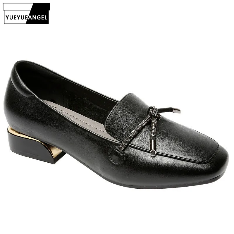 

Ladies Real Leather Loafers Spring Autumn Slip-On Mid Heel Shallow Square Toe Shoes Female British Style Office Thick Heel Shoes