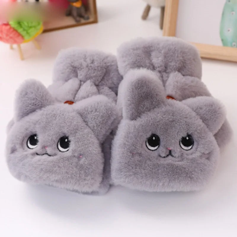 

Winter Warm Soft Rabbit Fur Knit Mittens Women Flip Half finger Driving Gloves Plush Thick Cute Cat Touch screen Gloves E65