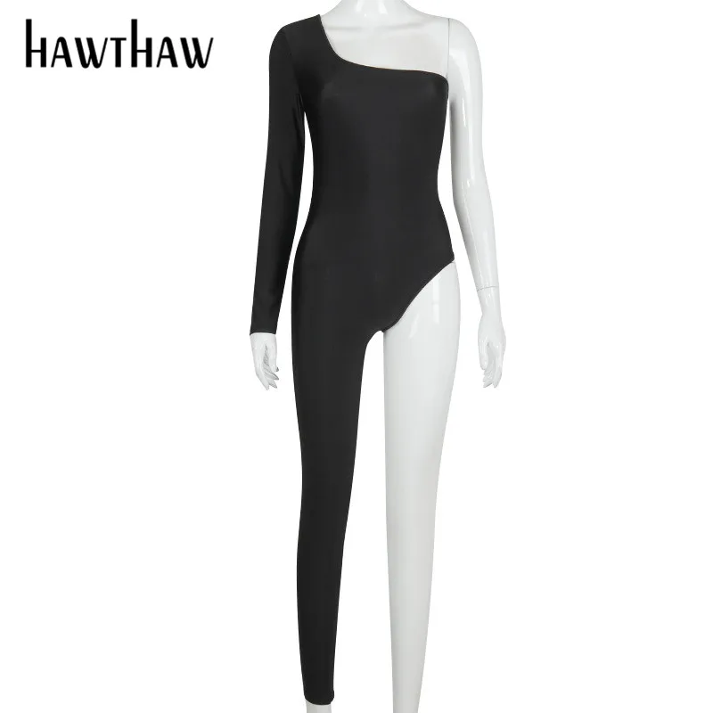 

Hawthaw Women Autumn Winter Long Sleeve One Shoulder Bodycon Slim Black Jumpsuit Romper Playsuit 2020 Fall Clothes Streetwear