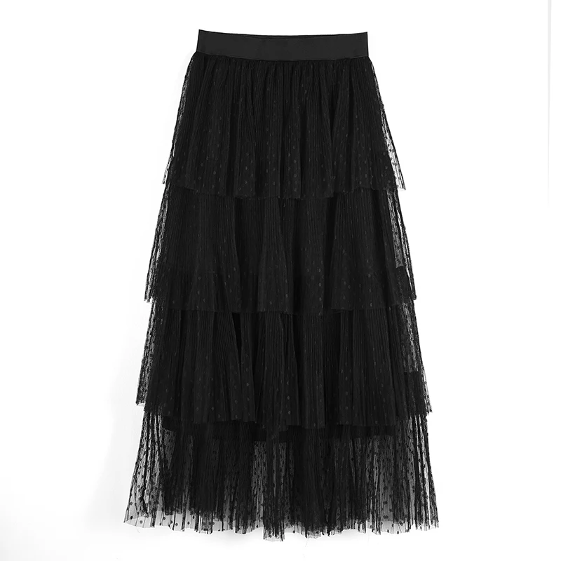 

2020 New Women Vintage Long Skirt Fashion Spring Summer High Waist Elastic Waist Dot Pleated Layer Skirts