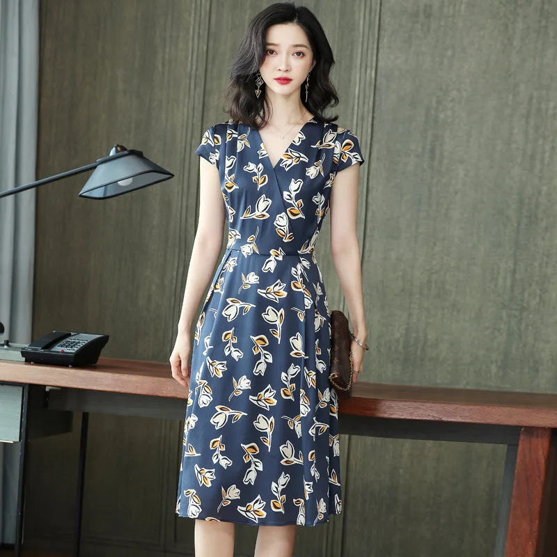 

Women Printed Dress 100% Silk Crepe De Chine Short Sleeves V Neck Midi Dresses 2020 Spring Summer Dress Vestidos