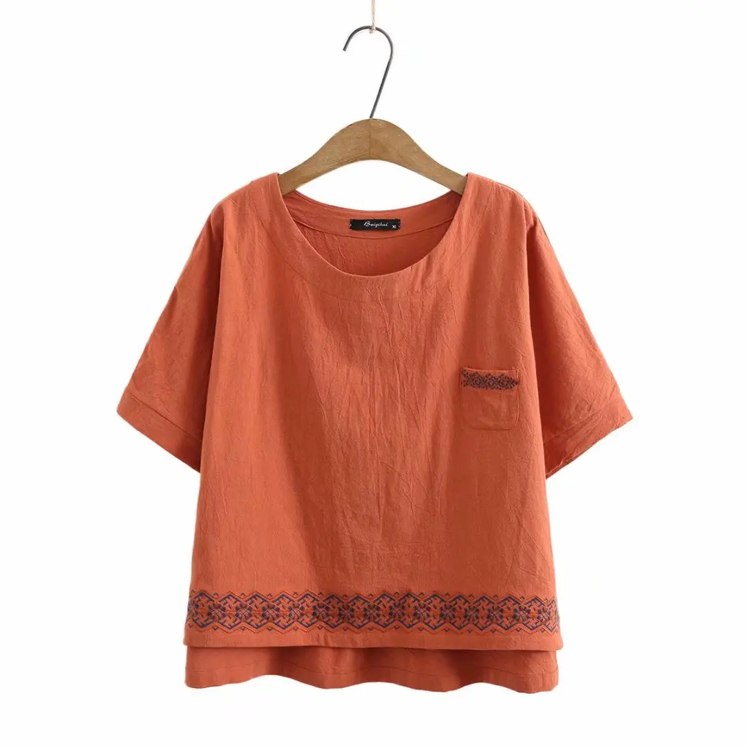 

Plus size O neck Cotton embroidery women tshirts 2021 summer casual ladies t shirts female tops t-shirts green yellow Brick red