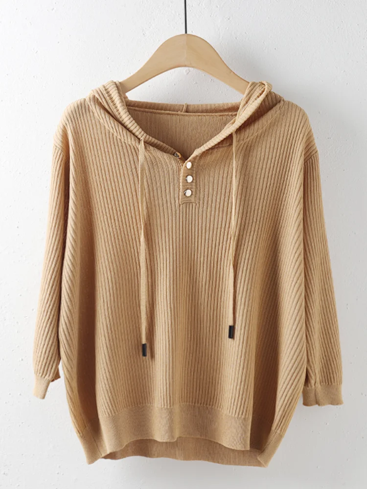 

Hooded Knitted Solid Women T-Shirts Autumn New 2021 V-Neck Half Sleeved Loose Casual All Match Female Pulls Outwear Tops Tees