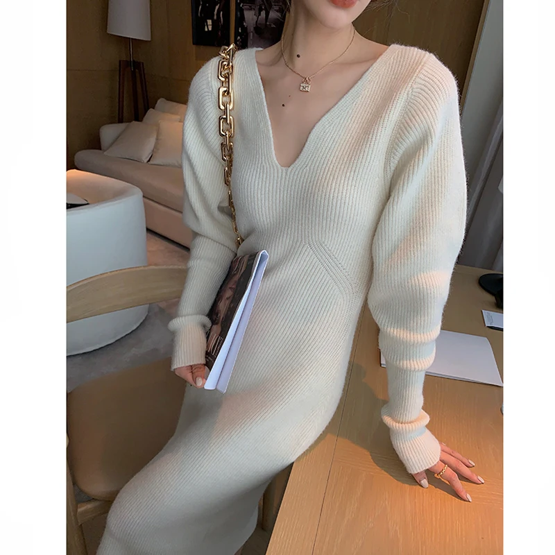 

White Sexy V-neck Cashmere Dress Woman Winter 2021 High Waist Slim Knitted Dress Streetwear Puff Sleeve Long Woole Clothing Fall