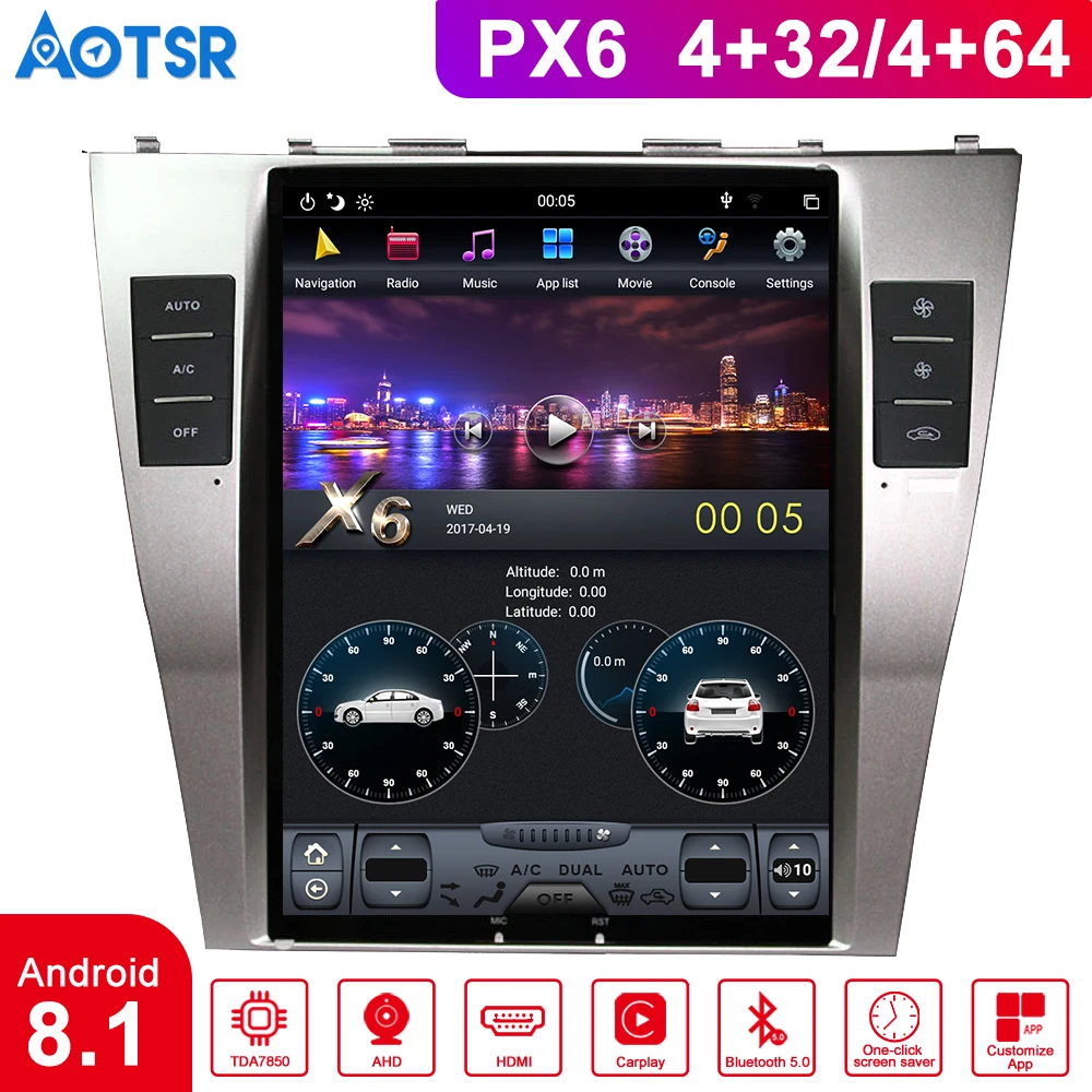 Автомобильный видеорегистратор GPS-навигатор Android 8 1 PX6 Tesla style для TOYOTA CAMRY 2007-2011