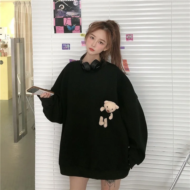 Harajuku Chic Crewneck Women Sweatshirt Pullover Hoodies Solid Color Oversized Bear Female Clothes Loose Cute Kawaii Sweetshirt