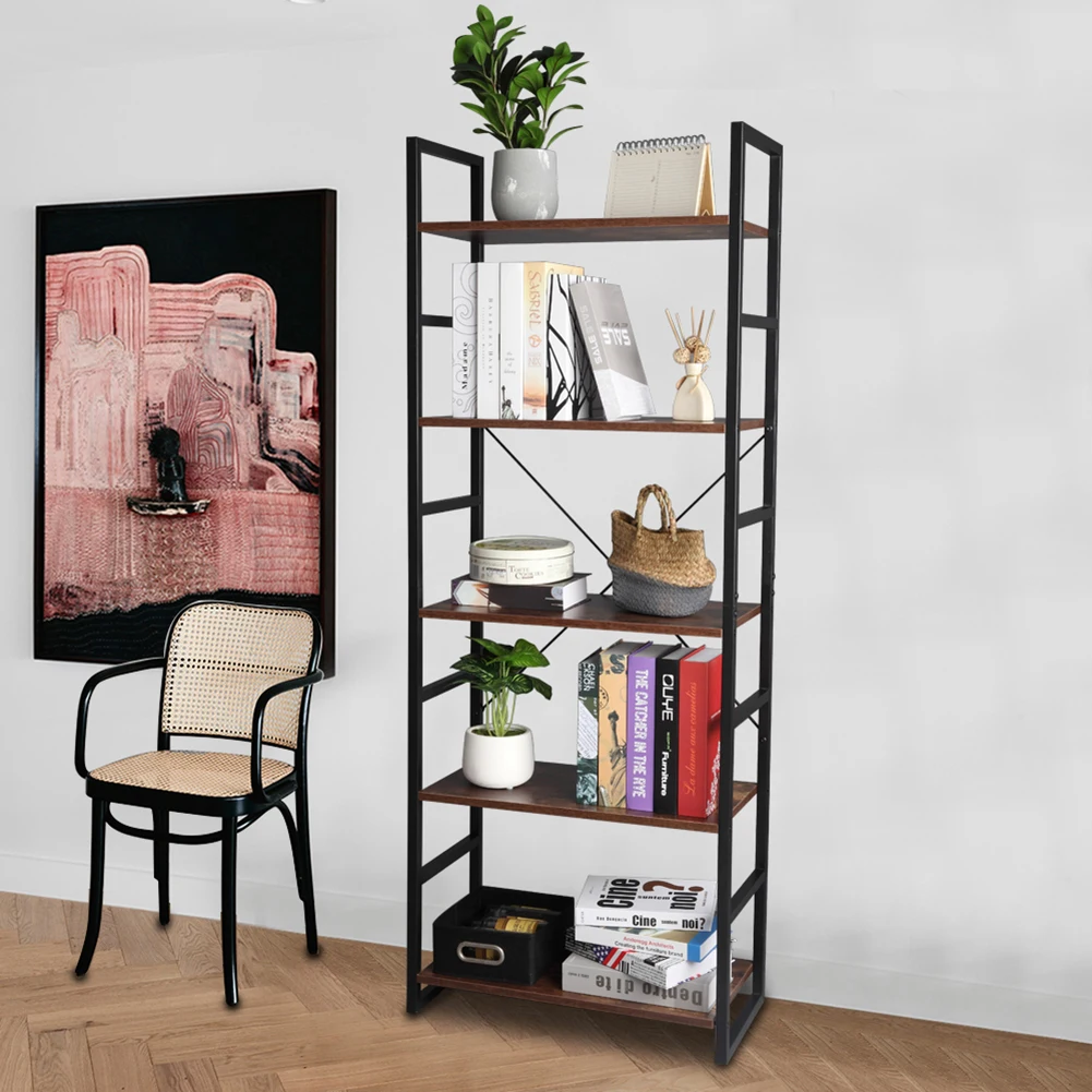 

5 Tier Vintage Bookcase Shelf Storage Organizer Wood and Metal Bookshelf Rack 5-Tier Industrial Bookcase and Book Shelves