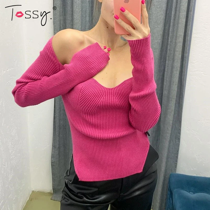 

Tossy Long Sleeve Sweater 2021 Autumn Women Knit Ribbed Top Ladies Casual Knitted Tops Pullover Off-Shoulder Knitwear Black