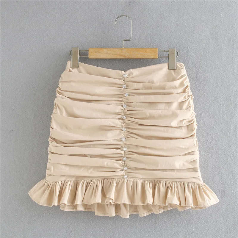 

2020 Chic Lady Fashion Jewelry Button Pleated Mini Skirts Womens Summer Single Breasted High Waist Ruffles Short Skirt Femme