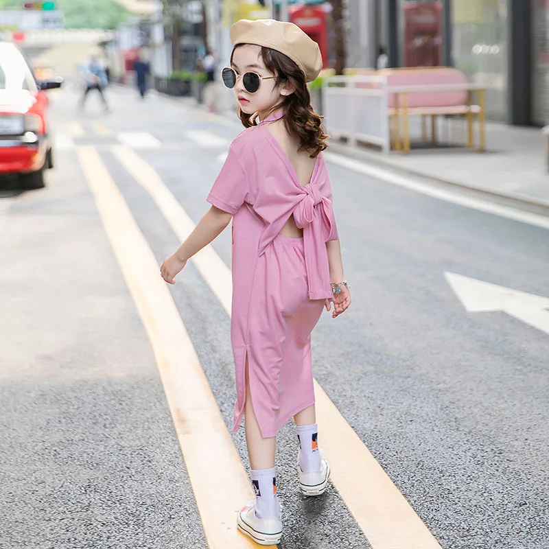

New Summer Korean Style Girls Dress Letter Short Sleeve Mid-Calf O-neck Bow Princess Dress Girl Cute Mother and Daughter Clothes