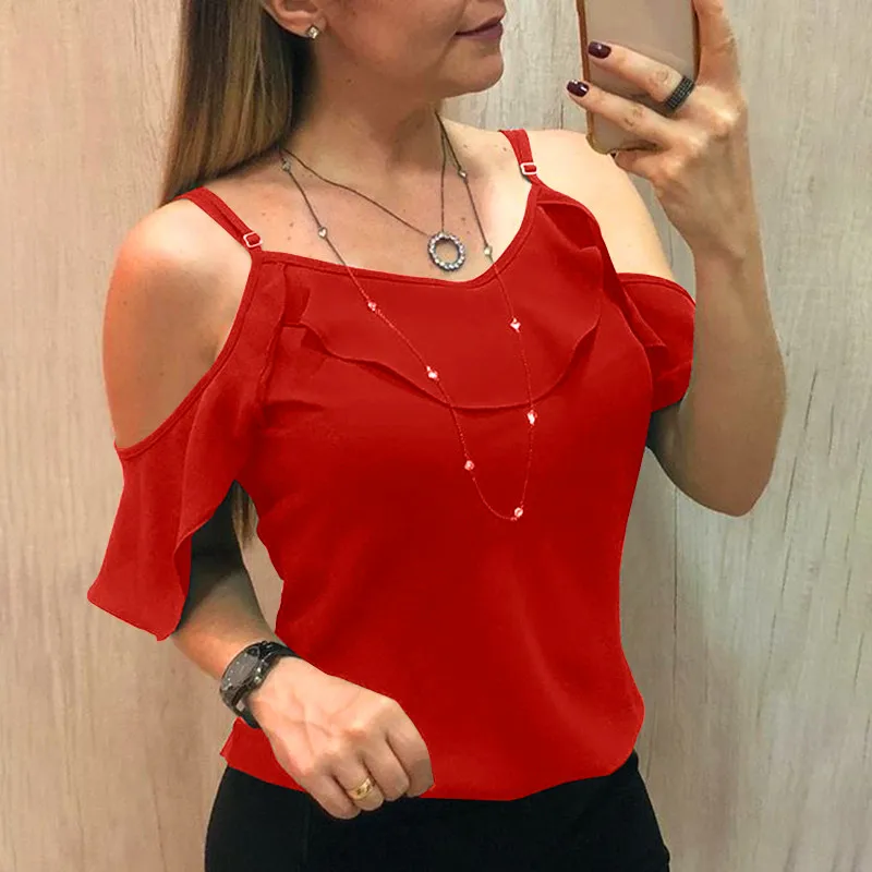 

2021 sling Ruffles Short Sleeve Blouse Women Summer Clothes Harajuku Plus Size S-5XL Casual Spaghetti Strap Solid Shirts