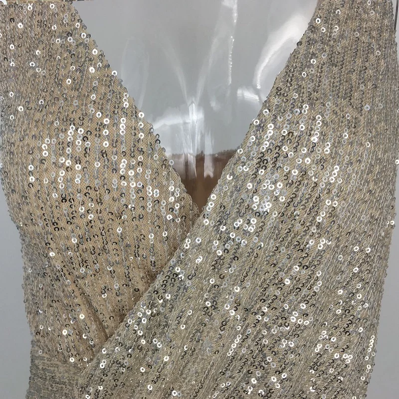 

2020 sexy spaghetti strap dresses woman sleeveless v neck party night sequin asymmetrical dress Female party wrap dress