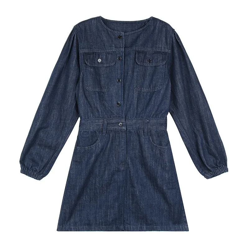 

2021 New Spring Long Sleeve Stretch Waist Women Dresses O-neck Casual Denim Short Vestidos Fashion Korean Ins Retro Femme Robe