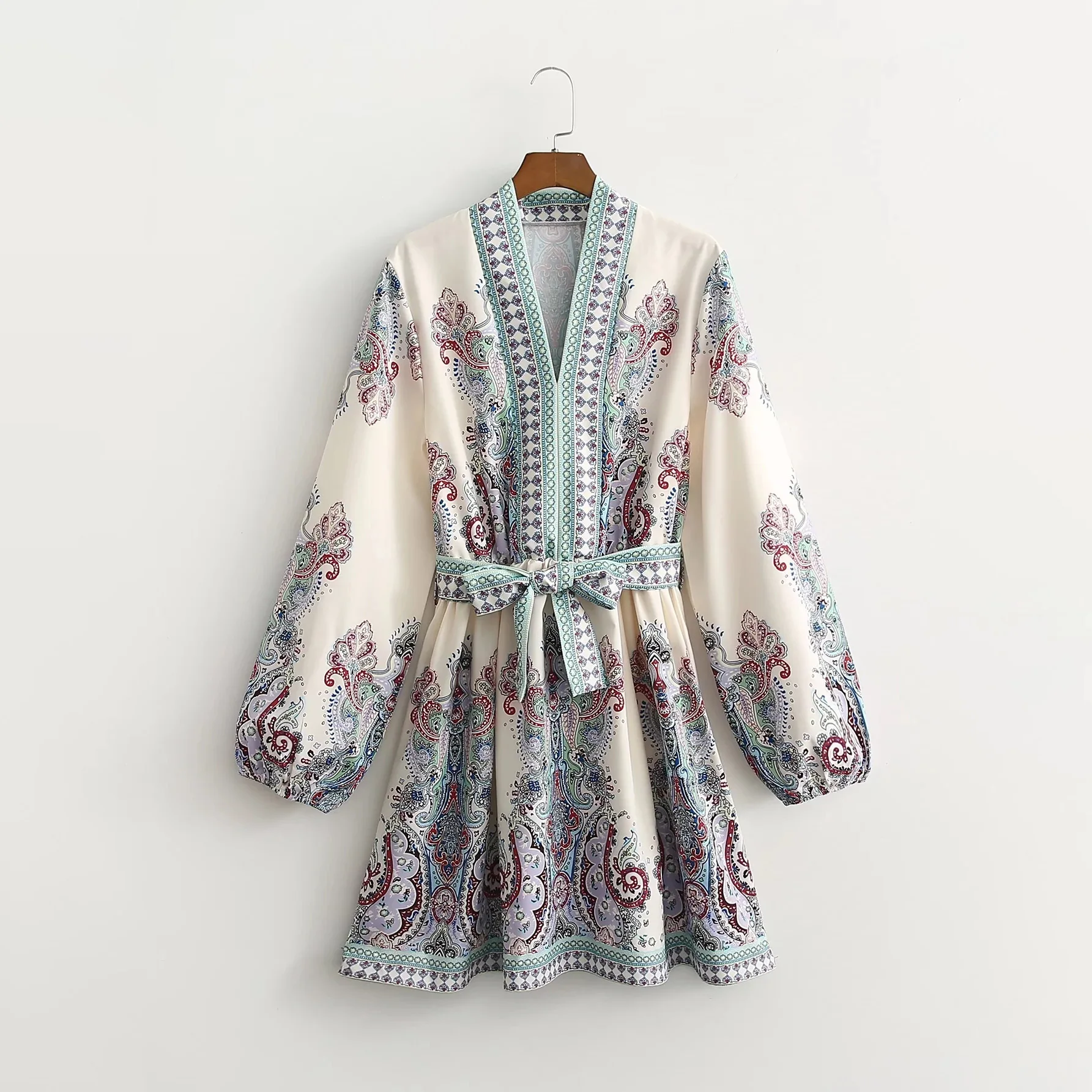 

Vintage Floral Print V-neck Women's Midi Dress A-Line Elegant Sashes Long Sleeve Stylish Office Lady New High Quality Vestidos