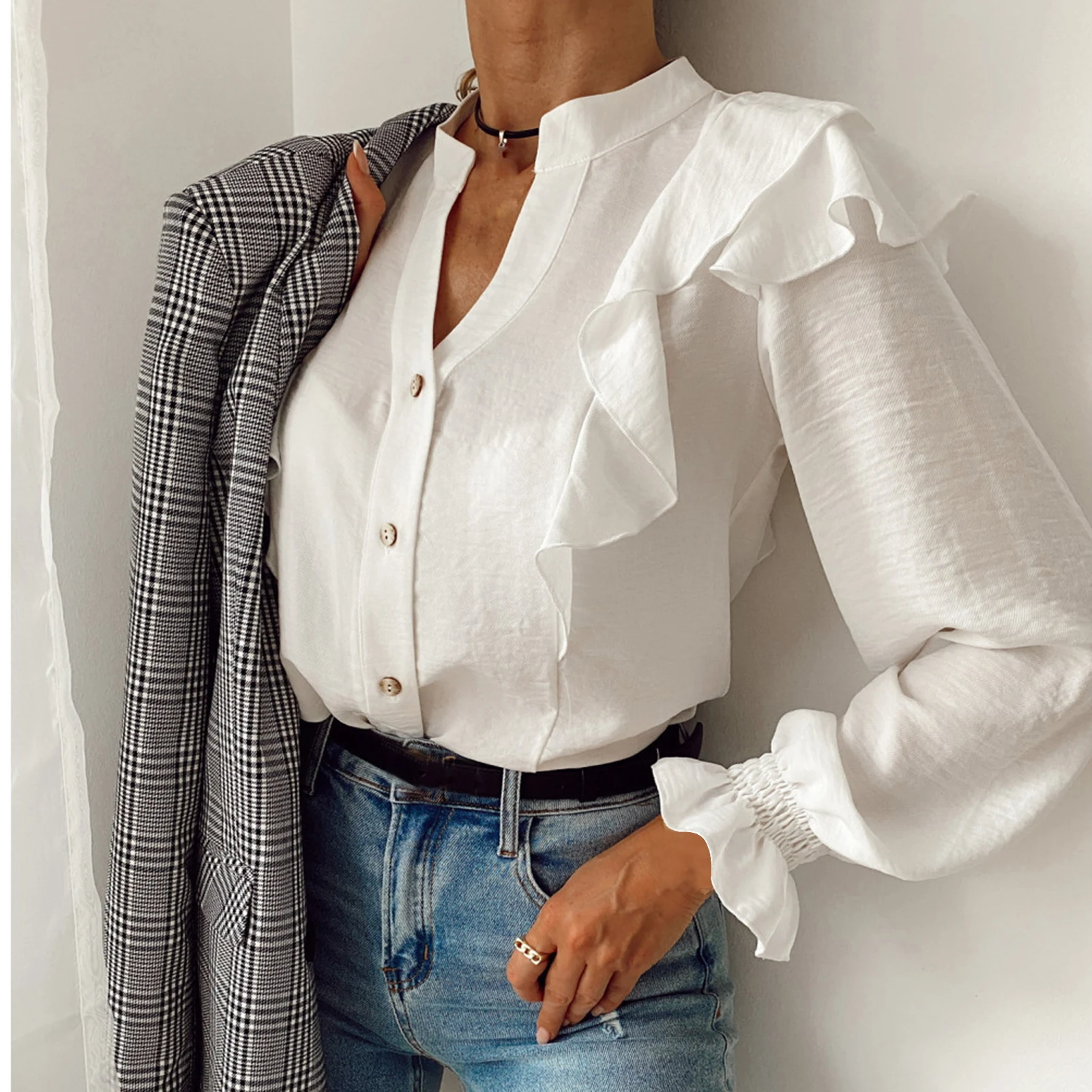 

Casual Women Autumn Solid Color Long Sleeve Blouse Ruffle Single-breasted Shirt