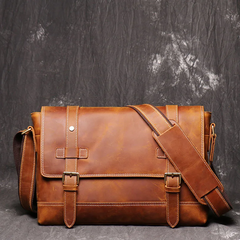 2022 New Vintage Real Cowhide Men's Bag Famous Brand leather Men's Messenger Bag leather women's shoulder bag