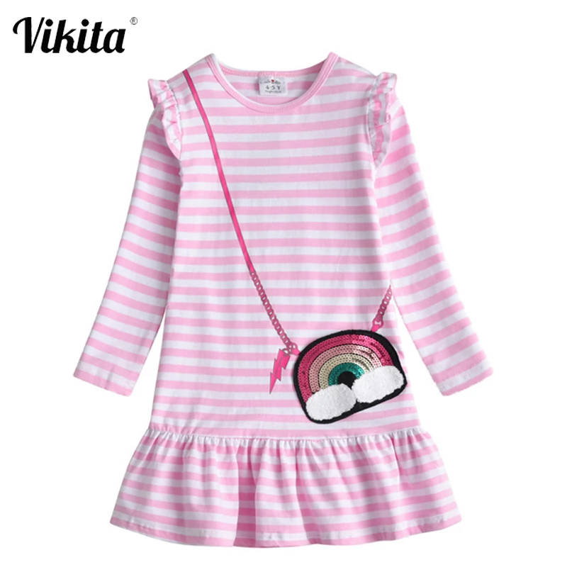 VIKITA New Kids Dresses for Girls Children Sequins Dress Long Sleeve Autumn and Winter Toddlers Cotton Vestidos | Детская одежда и