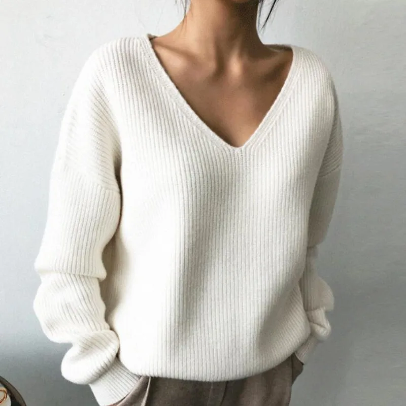

Женский вязаный пуловер с V-образным вырезом и длинным рукавом