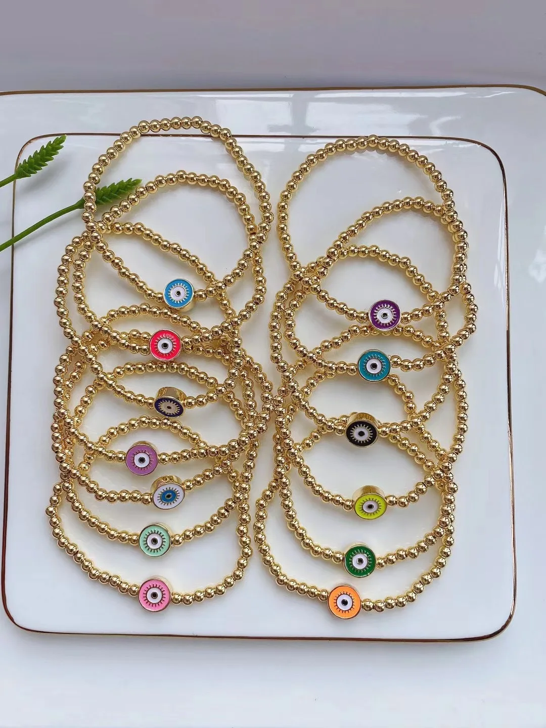 10Pcs Trendy Enamel Eye Shape Bracelet Cute Jewelry Gold Color Beads Jewellery Beaded Stretch Bracelets For Women Girl images - 6