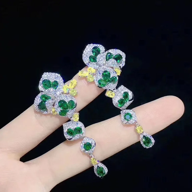 

Foydjew High-end Jewelry Designer Customized Emerald Earrings Women's 925 Silver Needle Inlaid Zircon Long Drop Earring