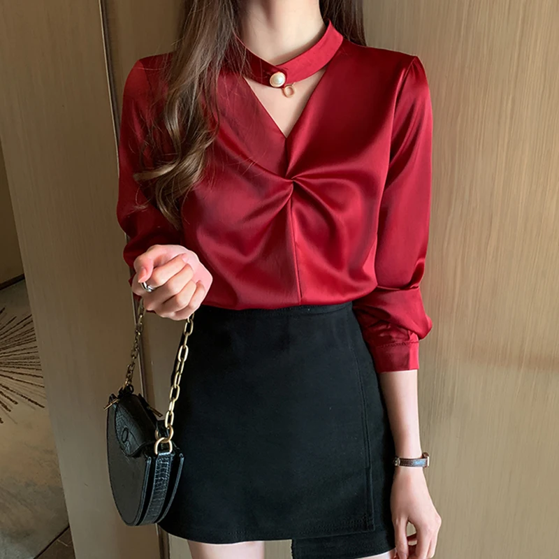 Блузка женская шелковая атласная с длинным рукавом и V образным вырезом|Рубашки| |