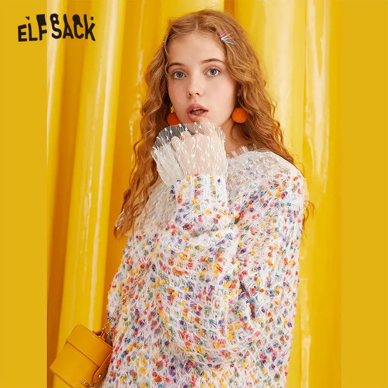 ELFSACK, разноцветный, в горошек, контрастный, кружевной пуловер, женский свитер, осень, цветные, в стиле пэчворк, с рукавами-воланами, женские топы
