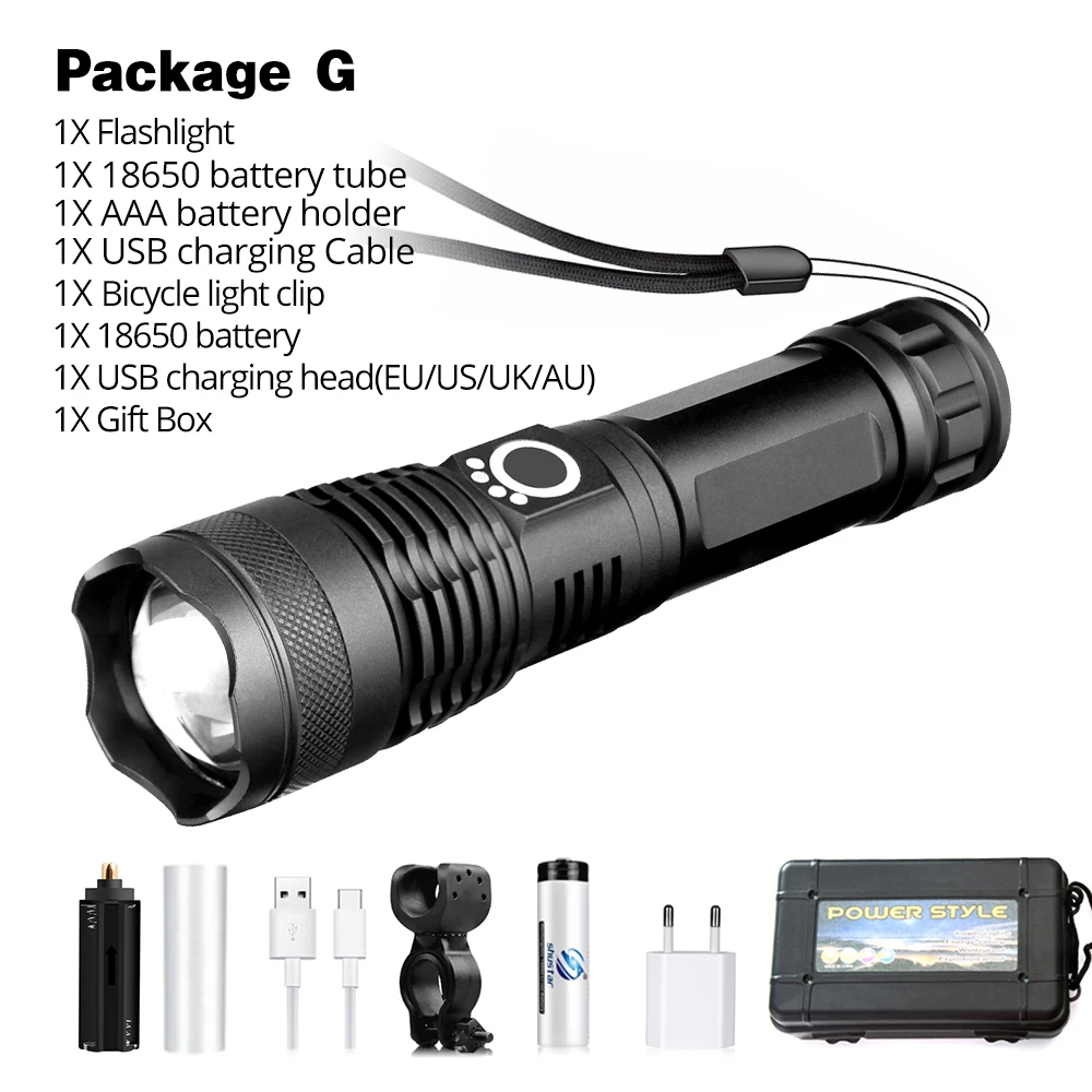 Package G XHP50 Светодиодный велосипедный фонарик 5 режим USB зарядки телескопический зум с использованием 18650 или 26650 - Цвет: Package G