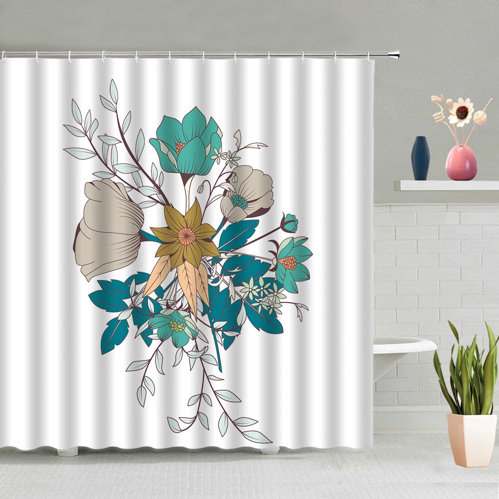 

Exquisite Water Color Hand-painted Bathroom Decoration Colorful Flower Shower Curtain Waterproof Polyester Fabric With Hook