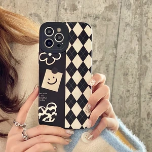 art retro smiley face graffiti plaid korea phone case for iphone 12 11 pro max x xs max xr 7 8 plus cases soft leather cover free global shipping
