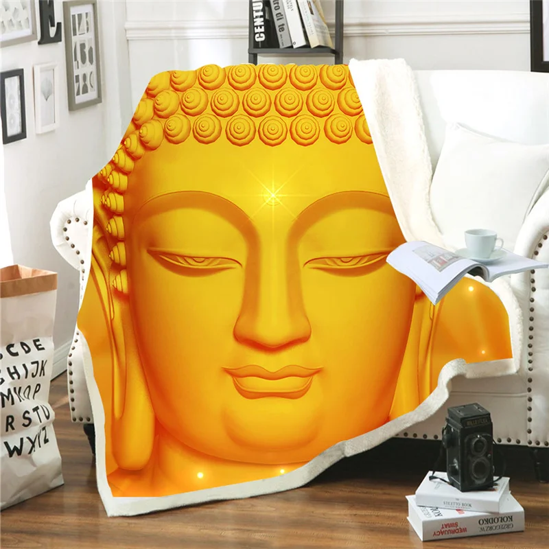 Luxury 3D Golden Buddha Print Throw Blanket Girl Boys Kids Adults Gifts For Sofa Bed Travel Party Home Textile Sherpa Blanket
