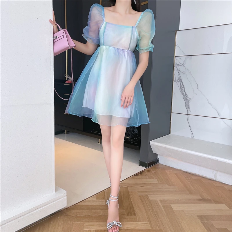 

Summer New Chiffon Mini Dress Multicolor French Square Neck Puff Sleeve High Waist Pleated Slim Elegant Dress Women