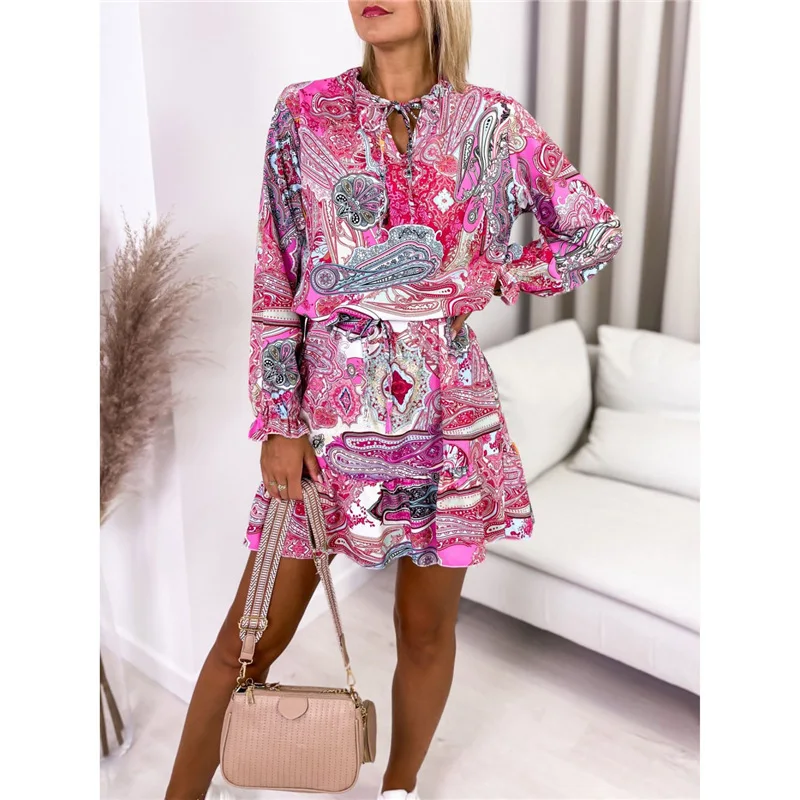 

2022 Summer Women's Dress Casual A-line Lace Up Long Sleeve Dresses Female Elegant Spring Loose Fashion Clothes Ladies