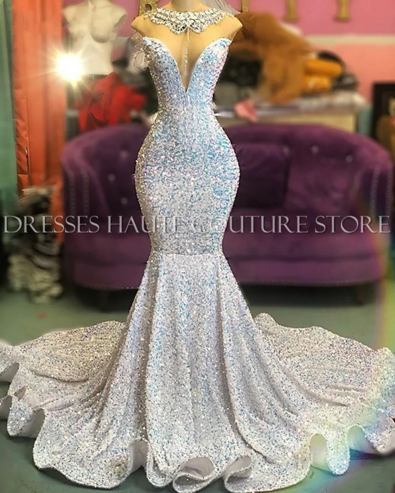 

Long Sexy Prom Dresses 2021 Mermaid Sheer Scoop Neckline African Black Girls Sequin Prom Party Gowns