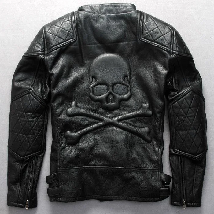 

Мужская винтажная мотоциклетная куртка, Байкерская кожаная куртка из натуральной воловьей кожи с черепами и скошенной молнией